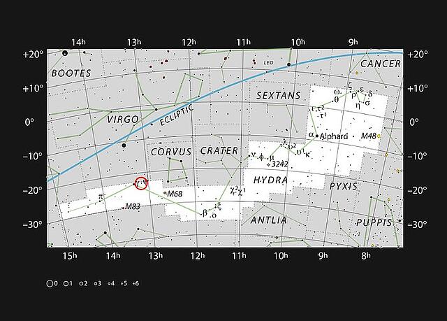 Position der Galaxie NGC 4993 im Sternbild Hydra